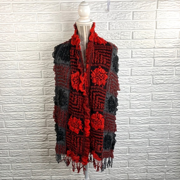 5/$25 Ruffled Patchwork Floral Scarf Black Red - Picture 4 of 7